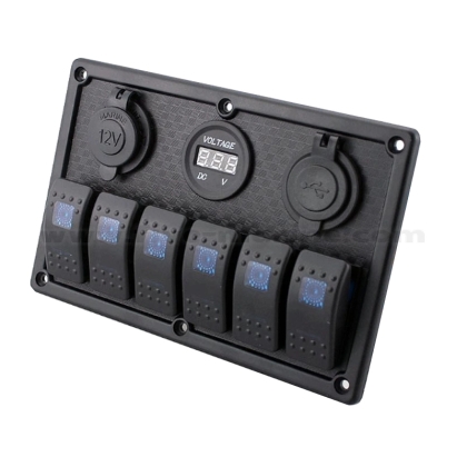 Waterproof IP68 ROCKER switch panel - 6 switches, USB port, Voltmeter