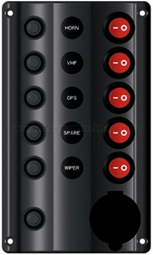 Wave-Series 5-Switch Waterproof Panel + 12V Socket 